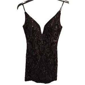 Black Beaded Mini Dress‎ V Neck Sleeveless Party Cocktail Women's 6 Homecoming